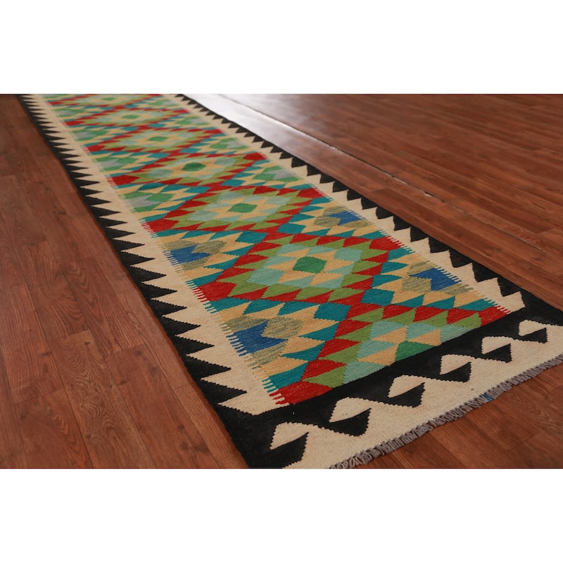 Hand Woven Oriental 100% Wool Carpet Southwestern Geometric Multi-Colored Kilim Runner Rug - 13' 0'' X 2' 8''