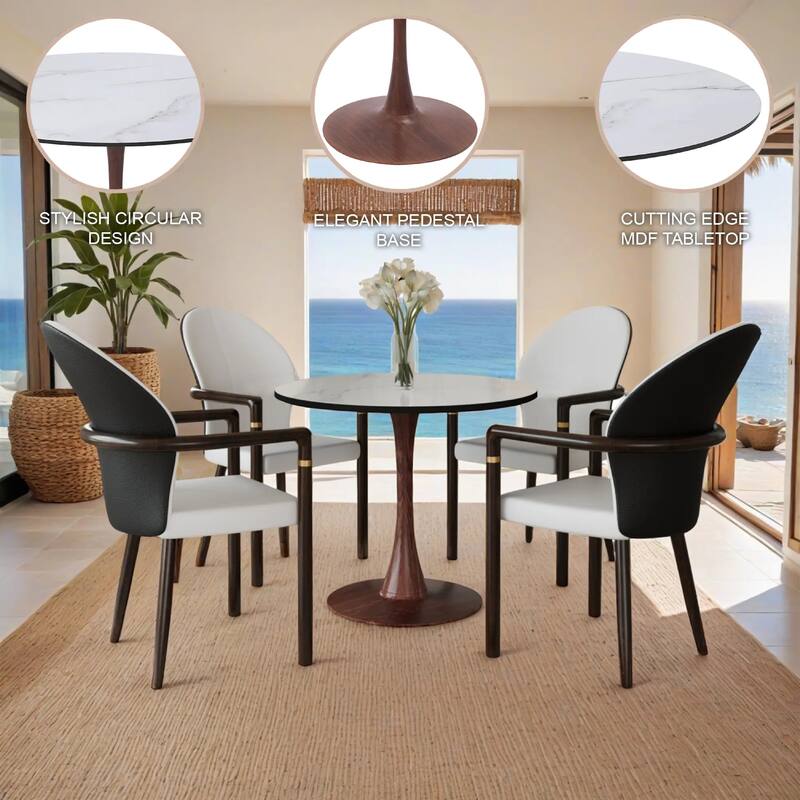 Bristol 27" Round Dining Table with MDF Top and Walnut Steel Pedestal Base for Modern Kitchen and Dining Room