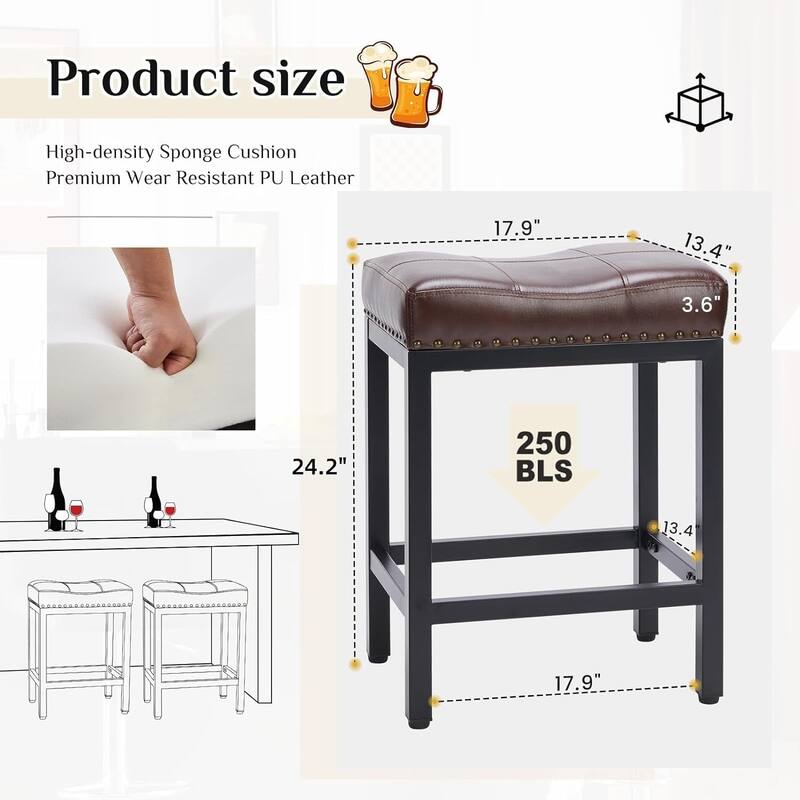 Bar Stools Set of 2, 24 inch Counter Height Saddle Stools, Upholstered Modern Kitchen Barstools with Metal Base, PU Leather