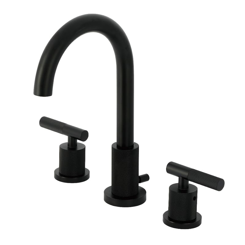 Kingston Brass Convergent Two-Handle 3-Hole Deck Mount Widespread Bathroom Faucet with Knurled Handle and Brass Pop-Up Drain - Matte Black
