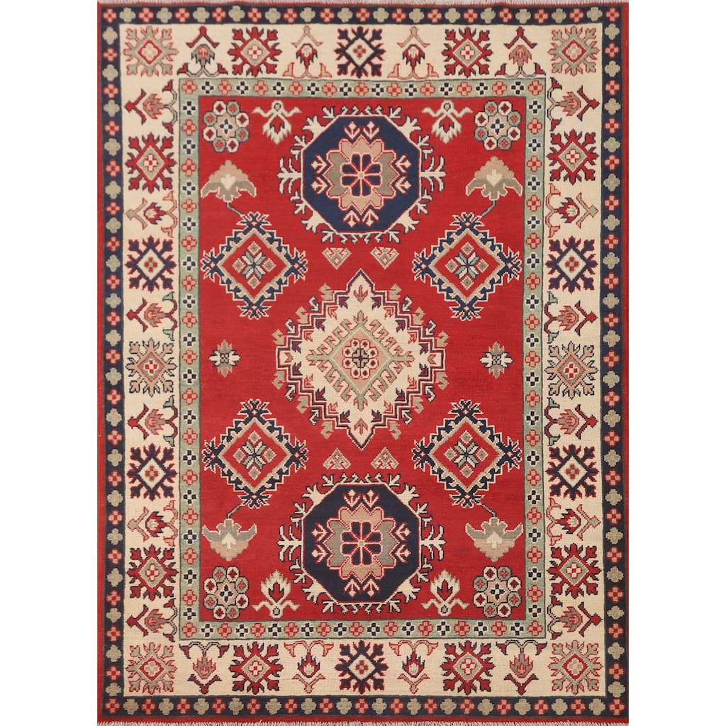 Geometric Kazak Area Rug Handmade Red Wool Carpet - 5'1" x 6'8"