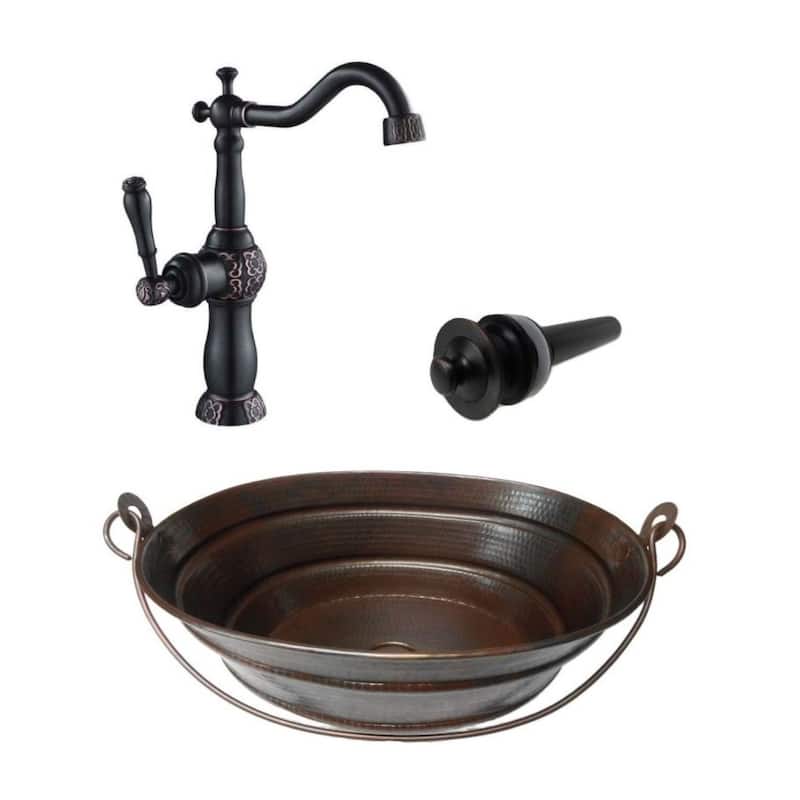16" Round Copper Vessel Bucket Bathroom Sink 13" Faucet & LT Drain Included - 16" X 12" X 6"