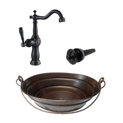 16" Round Copper Vessel Bucket Bathroom Sink 13" Faucet & LT Drain Included - 16" X 12" X 6"