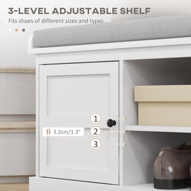 Shoe Storage Bench with Cushion Two Cabinets and Adjustable Shelves Modern Entryway Organizer in White or Gray