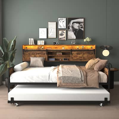 Twin Daybed with Trundle, Smart LED Day Bed Frame, Sliding Barn Door Headboard with Charging Station, Heavy Duty Metal Sofa Bed
