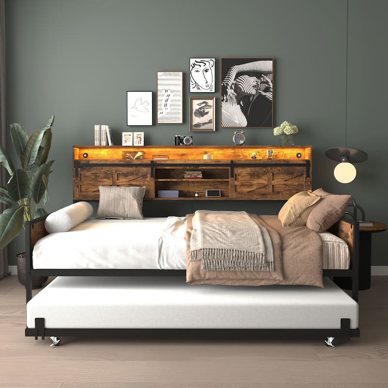 Twin Daybed with Trundle Bed, Wooden Farmhouse Sofa Bed Frame with Sliding Barn Door Headboard, Charging Station and LED Light