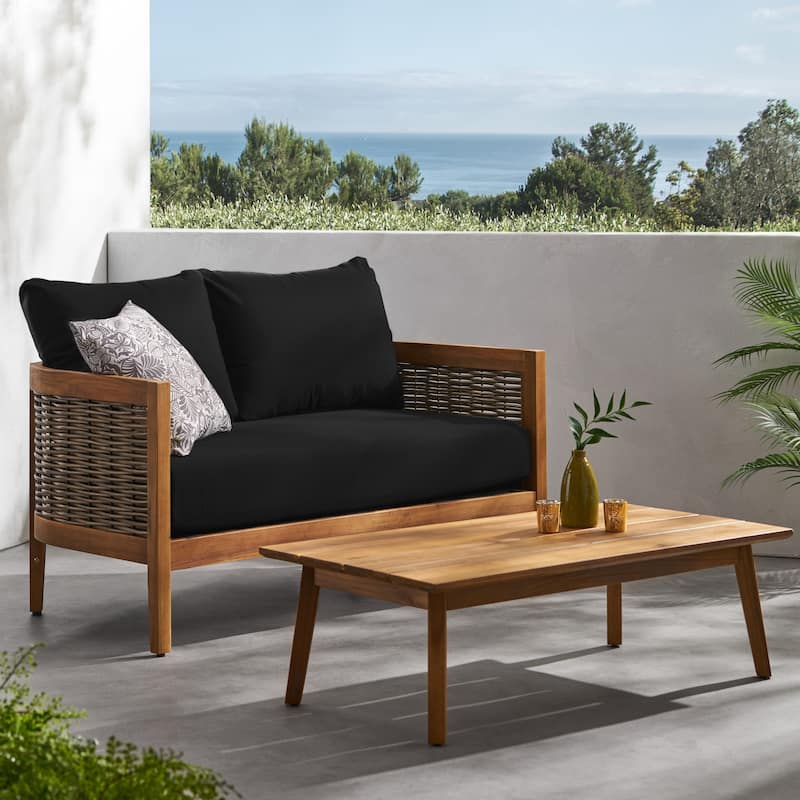 Christopher Knight Home Burchett Acacia Wood Outdoor Loveseat and Coffee Table Set with Optional Sunbrella Cushions