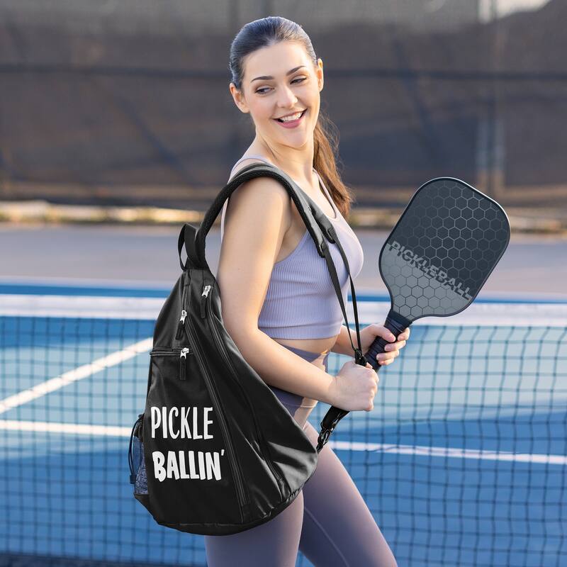 Sweet Jojo Designs Black Collection Pickleball Bag Sling Backpack Crossbody - Sports Pun Funny Quote Sayings Pickle Ballin'