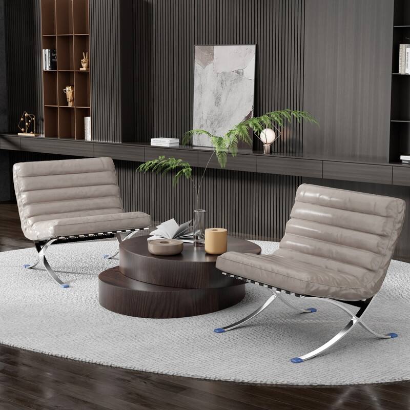 Mid Century Tufted Top Grain Leather Upholstered Lounge Chair