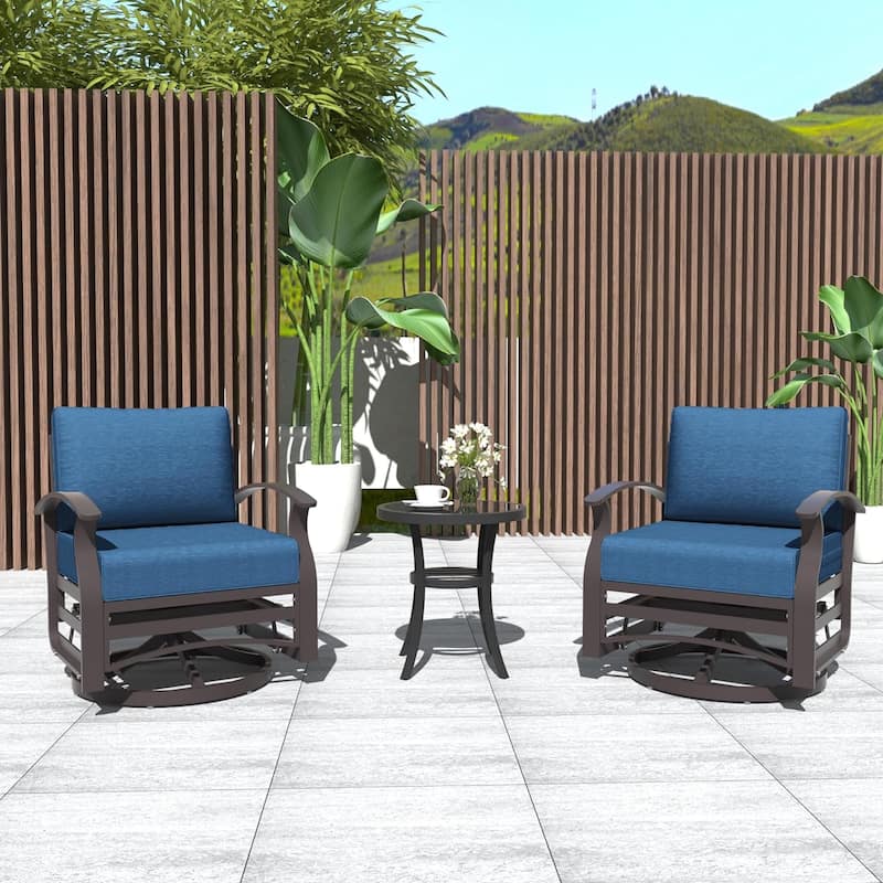 Kullavik 3Pcs Aluminum Rocking Chair Swivel Chairs Set with Glass Top Table & 5" Thick Cushion