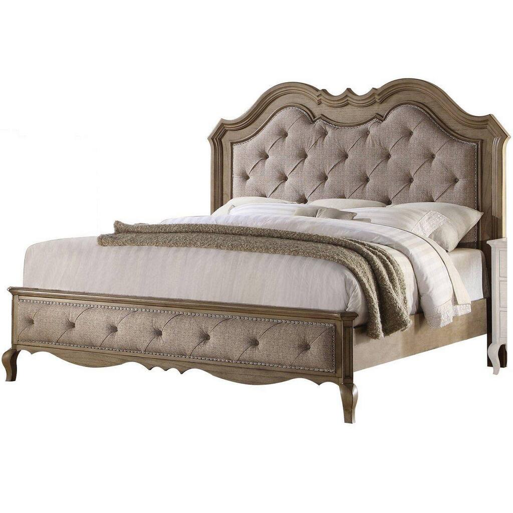 Button Tufted Fabric Eastern King Size Bed with Molded Details, Beige
