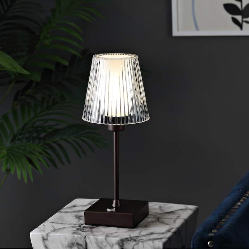 Lina 12.5" Modern Industrial Rechargeable/Cordless Iron/Acrylic Integrated LED Table Lamp with Ribbed Shade, by JONATHAN Y