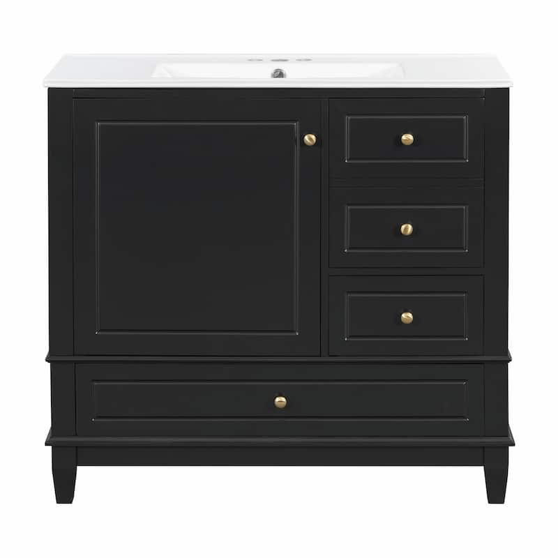 36" Bathroom Vanity with Ceramic Sink, MDF & Solid Wood Base, 3 Drawers and Cabinet with Shelves