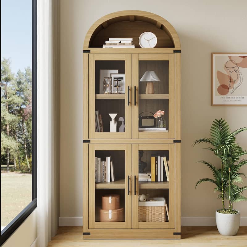 71" Tall Arched Bookshelf - Wooden Bookcase Storage Cabinet Rounded Display Storage Shelves Cabinet