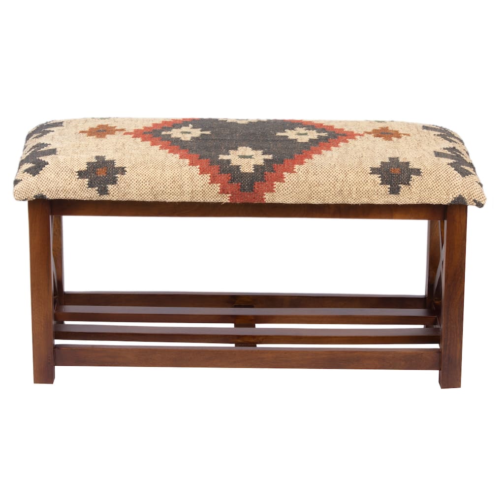 HERAT ORIENTAL Handmade Kilim Upholstered Bench with Shelf - 32"W x 14"D x 16"H