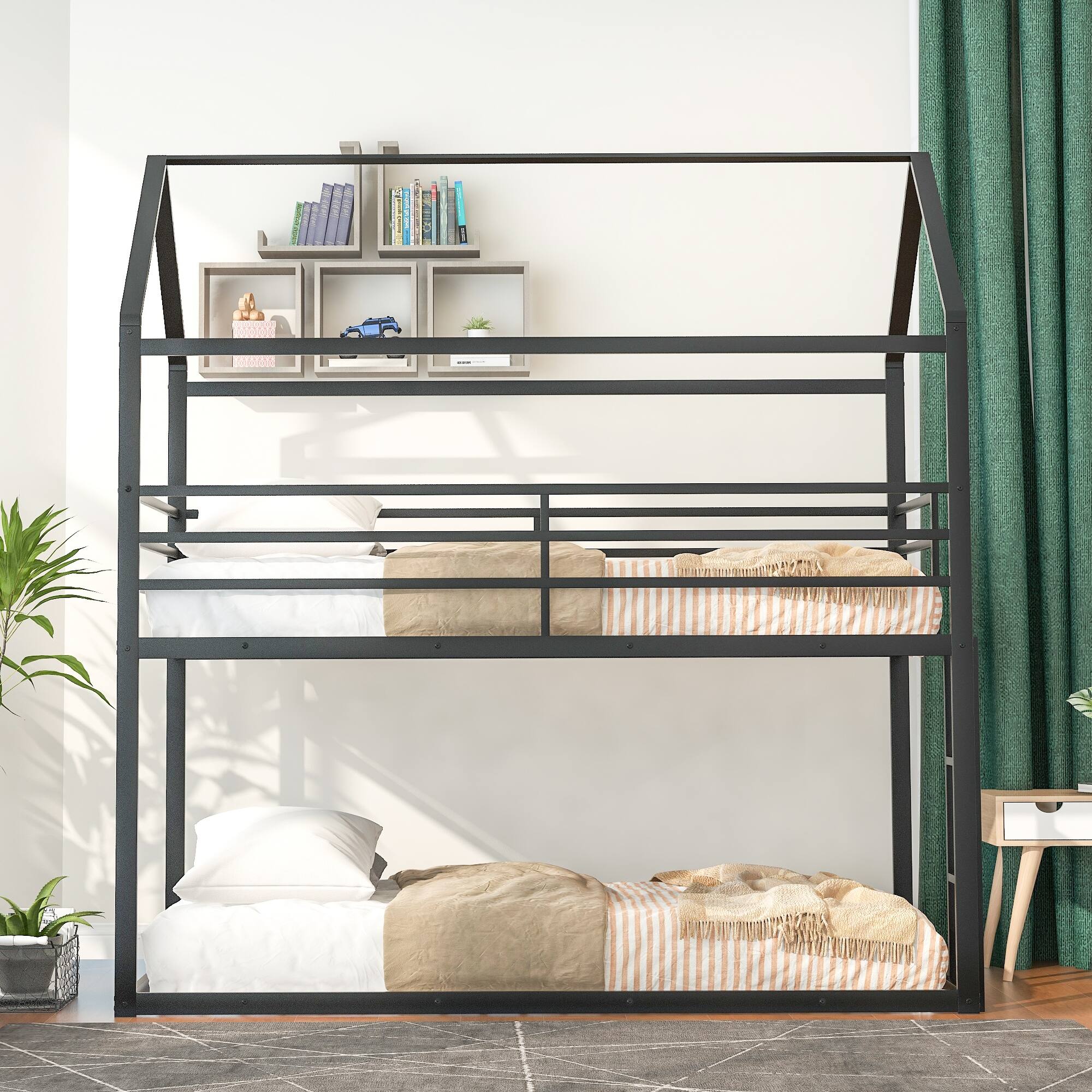 House Shaped Metal Bunk Beds with Builtin Ladder, Quality Steel Slats