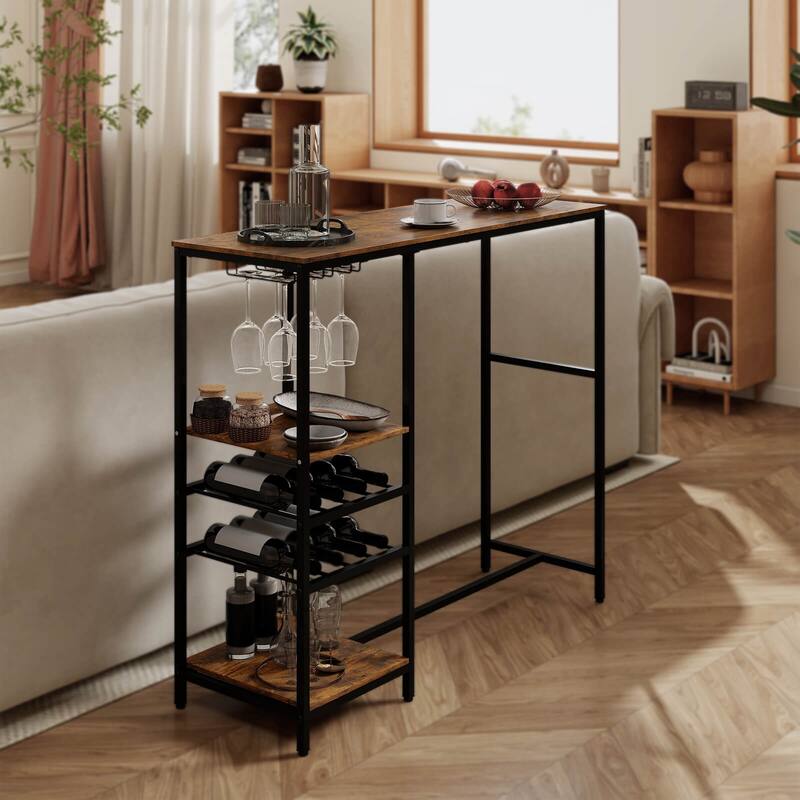 Costway 48" Long Bar Table with Storage Shelves Wine Racks & Stemware - Rustic Brown + Black - See Details