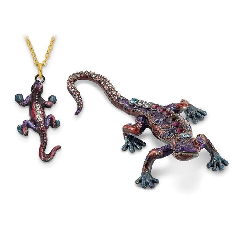 Curata Pewter Crystals Pewter-Tone Enameled Prince of Jewels Gecko Trinket Box on 18 Inch Necklace