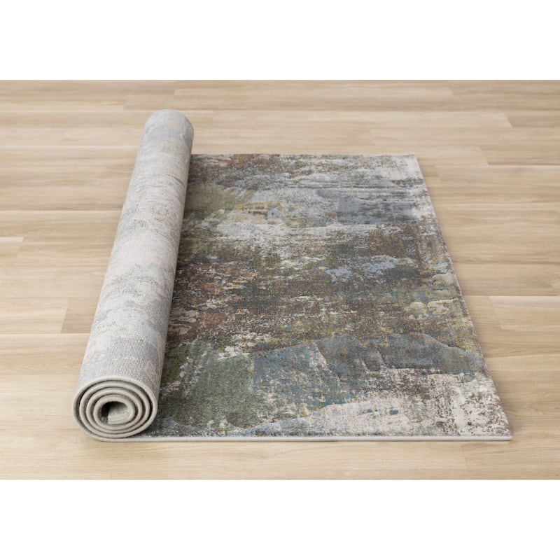 Grey Blue Green Pink Distressed Area Rug