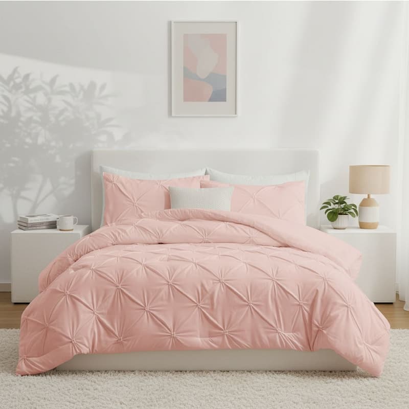 3 Piece Reversible Pintuck Pinch Pleat Bohemia and Tufted Clipped Comforter Set - Twin - Pink