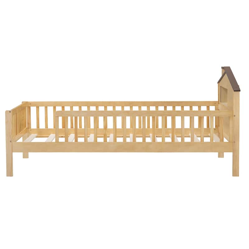 Roomfitters Twin Size Wood Platform Bed with House-Shaped Headboard, Lighting and Built-In Storage, Natural