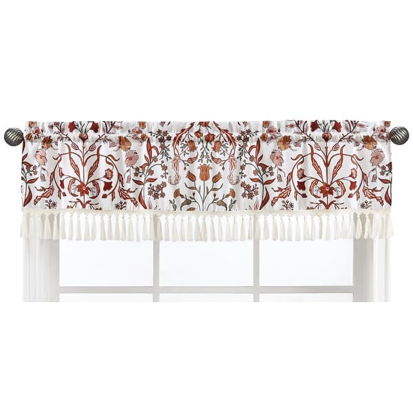 slide 2 of 6, Sweet Jojo Designs Ivory and Orange Boho Vintage Floral Girl Window Curtain Valance Bohemian Rust Botanical Flower Green Fringe