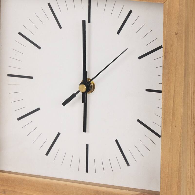 HomeRoots 11" Natural And Black Solid Wood And Metal Square Table Clock - 8.07 in. x 11.02 in. x 2.76 in.