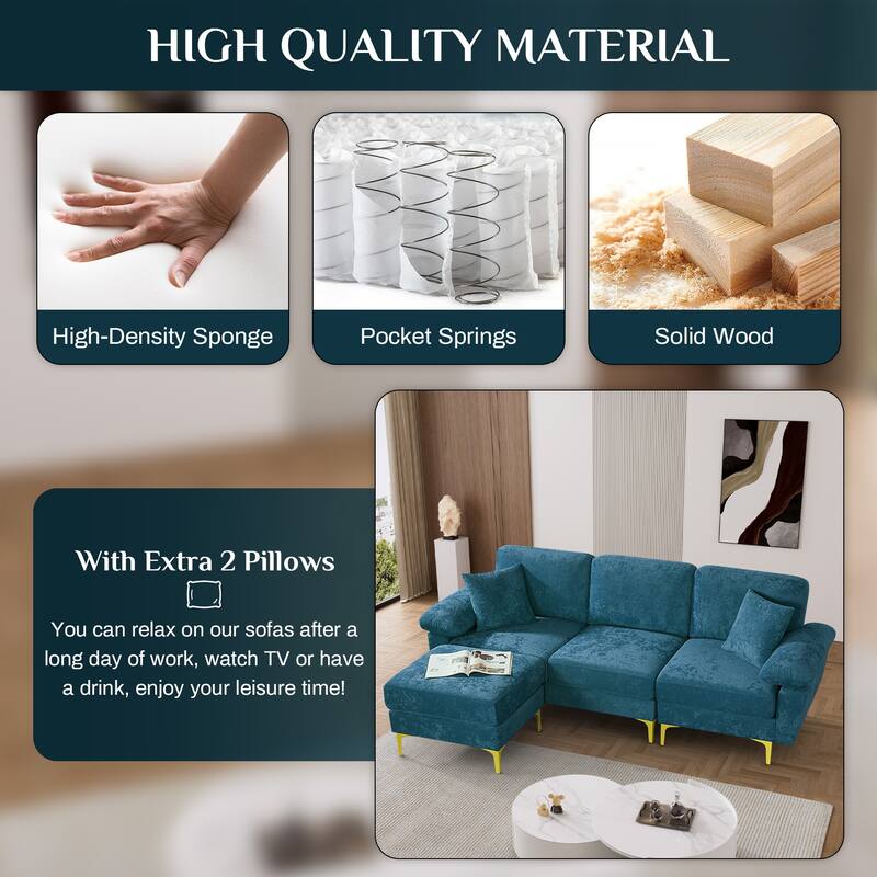 Ouyessir 2-Pieces Upholstered Velvet Sectional Sofa with 2 Pillows & Ottoman