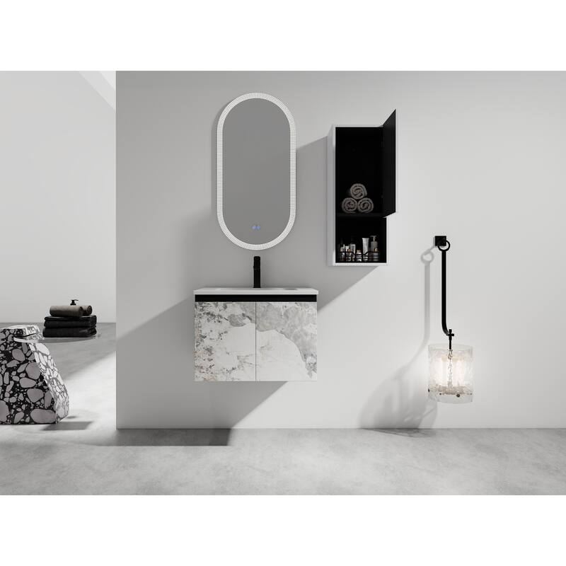 24" Wall-Mounted Bathroom Vanity with Ceramic Sink and Soft-Close Doors, Side Cabinet for Extra Storage