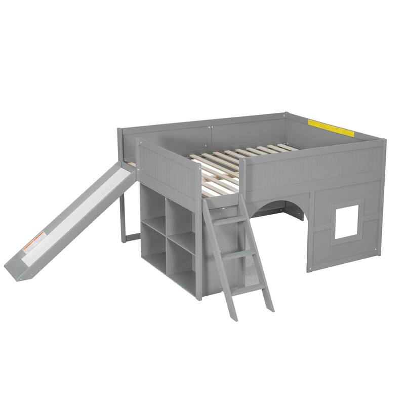 Roomfitters Full Low Loft Bed with Slide, Storage Shelves and Window Design