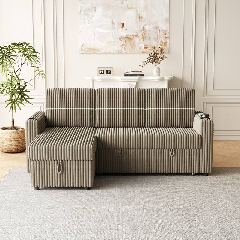 3-Seater Sleeper Sofa Bed with Corduroy Fabric, Storage Chaise, USB Charger, and Cup Holders