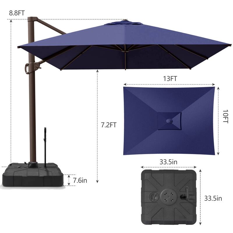 13 ft x 10 ft Outdoor Luxury Aluminum Patio Cantilever Offset Umbrella and Base with Wheels