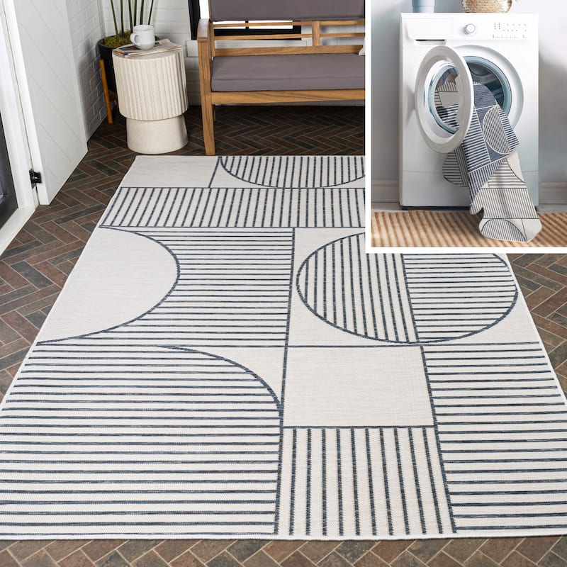 JONATHAN Y Reversible Biot Mid-Century Modern Geometric Lines Machine-Washable Navy/Cream Indoor/Outdoor Area Rug - 4 X 6