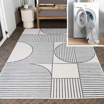 JONATHAN Y Reversible Biot Mid-Century Modern Geometric Lines Machine-Washable Navy/Cream Indoor/Outdoor Area Rug