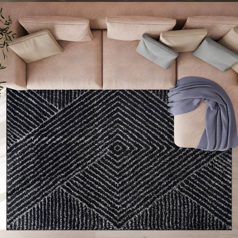 Minimal Stripe Geometric Shag Rug - Anthracite Dark Gray - Medium Pile - Cozy & Modern