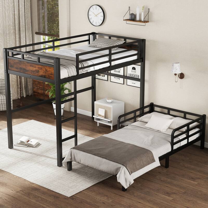 Full XL/Twin XL /Full Metal Bunk Bed, Separable Loft Bed & Platform Bed with Raised Security Fence - Twin XL+Vintage Wood - Twin XL