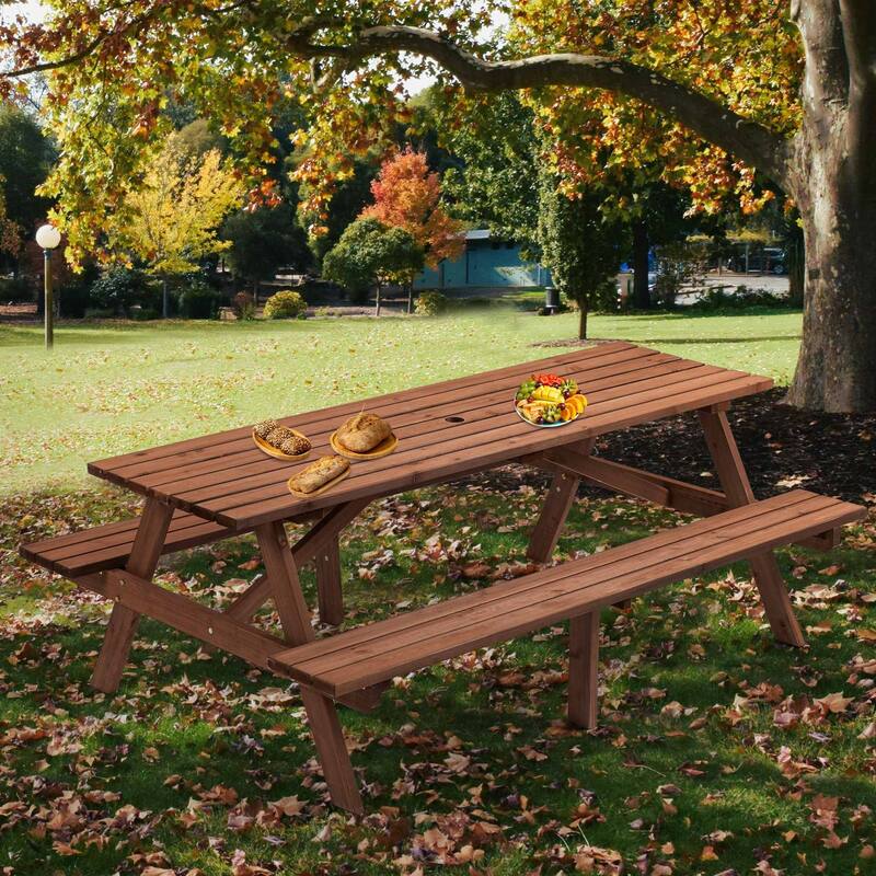 8 Person Wooden Picnic Table with 2 Benches and Umbrella Hole