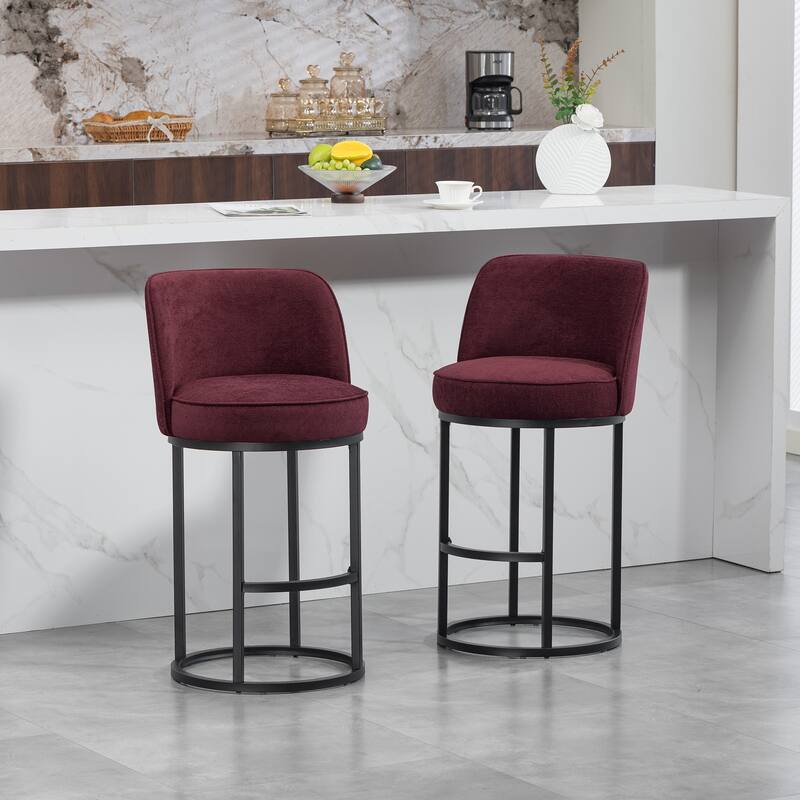 Counter Height Bar Stools Set of 2, Modern Barrel Counter Stools with Backrest, Linen Fabric Upholstered Accent Bar Stools