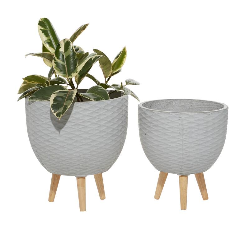 White or Gray Ceramic Indoor Outdoor Planter with Wood Legs (Set of 2)