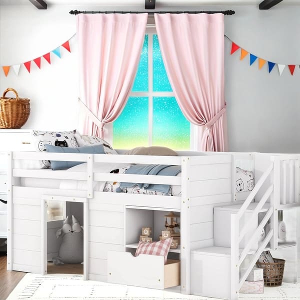 slide 2 of 12, Solid Wood Low Loft Twin Bed with Stair, Drawer, and Shelf White