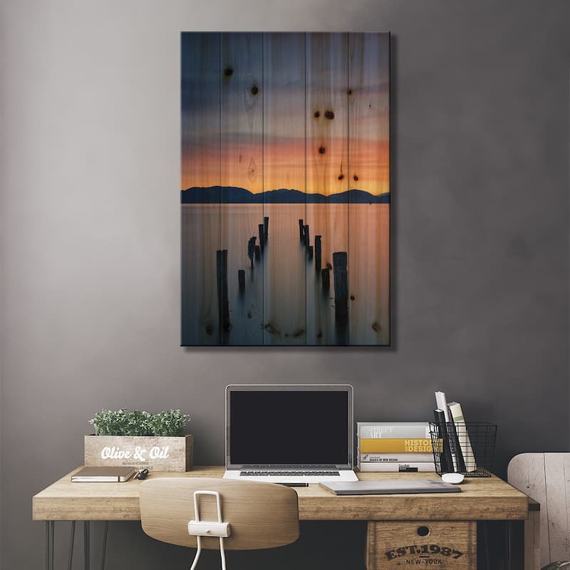 Sunrise On The Lake Print On Wood by Simon Rohl - Multi-Color