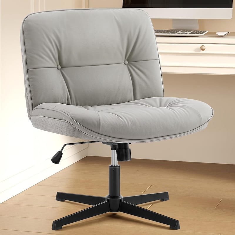 Criss Cross Legged Chair No Wheels Armless Wide Seat Adjustable Height Swivel Thick Padded PU Leather Comfortable Home Office - Khaki