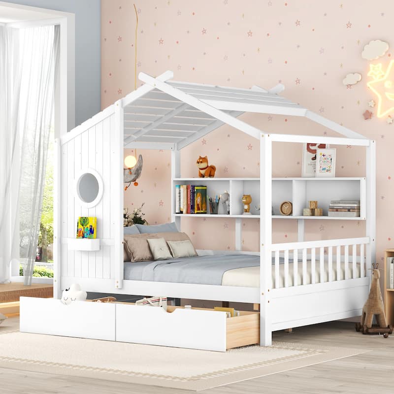 Full Wooden House Bed with Roof, Drawers, and Shelf