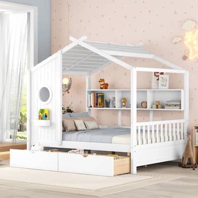 Wooden Full Size House Bed with 2 Drawers,Kids Bed with Storage Shelf, White