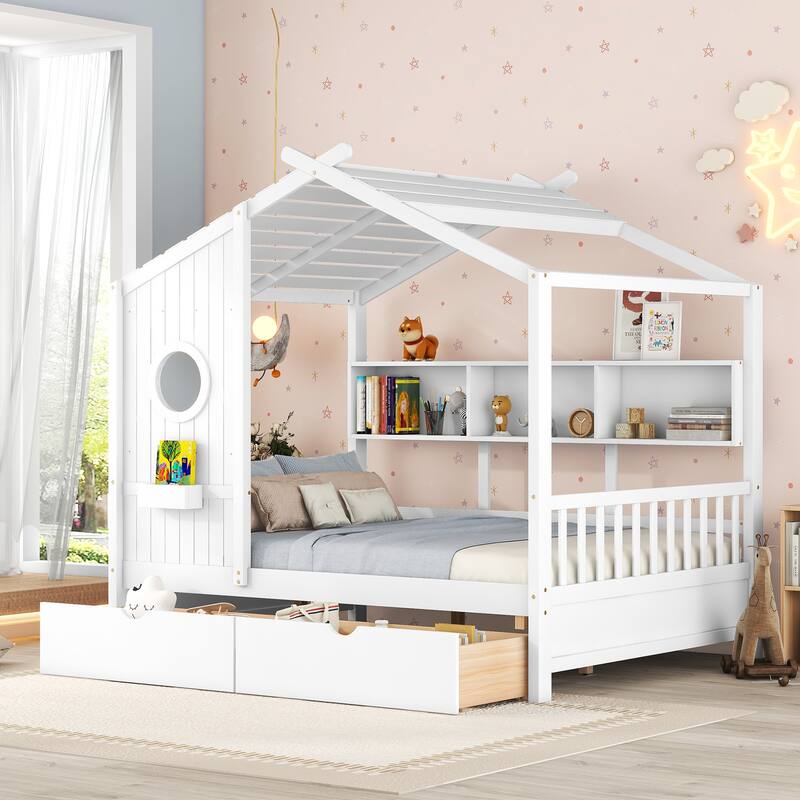 Wooden Storage Platform Bed House Shaped Kids Bed with Windows & Roof - White - Full