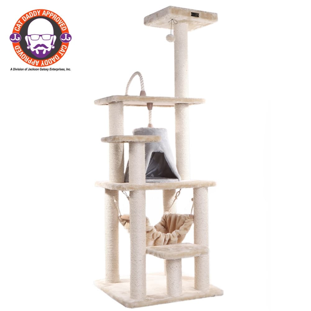 65" Real Wood Cat Tree With Sisal Rope, Hammock, soft-side playhouse - Beige-silver