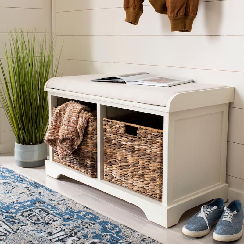 SAFAVIEH Freddy Distressed White Wicker Storage Bench - 33.5" x 16.1" x 19.9"