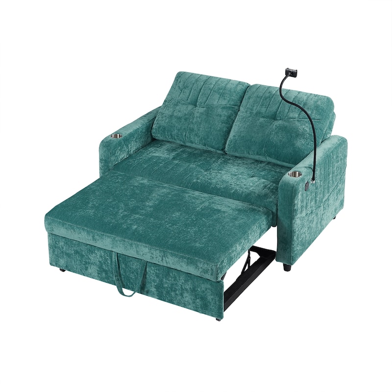 53.9" Chenille Convertible Loveseat with Pull-Out Bed, 3 USB Ports, and Smart Storage