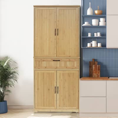 VEIKOUS 72 in. H Bamboo Closed Kitchen Pantry Cupboard Closet with Adjustable Shelves and Drawers