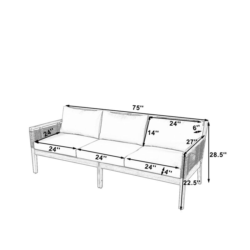 Acacia Wood 3-Seater Patio Sofa with Rope Weave - Outdoor Teak-Look Sofa with Beige Cushions & Pillows for Garden, Poolside
